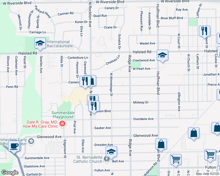 map of restaurants, bars, coffee shops, grocery stores, and more near 2304 Pierce Avenue in Rockford