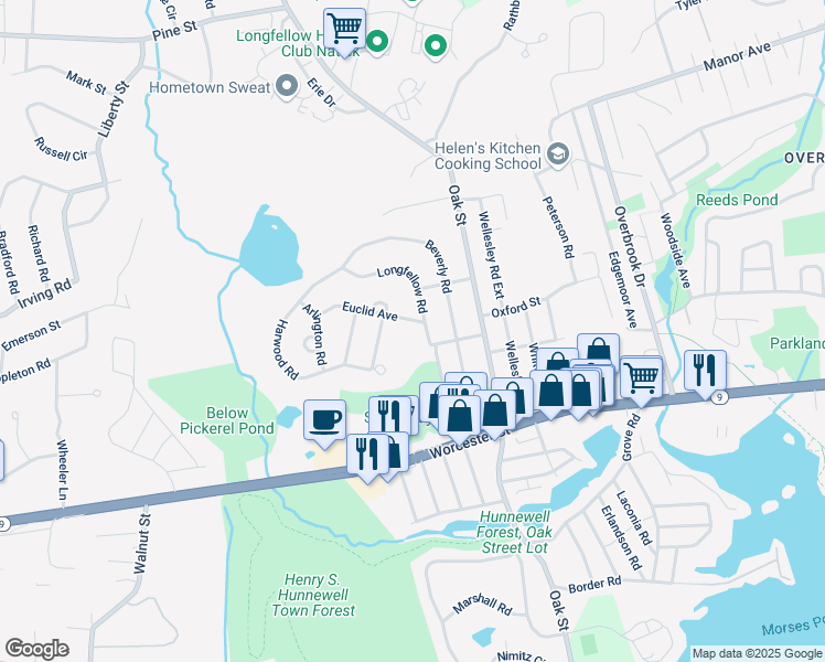 map of restaurants, bars, coffee shops, grocery stores, and more near 2 Longfellow Road in Natick