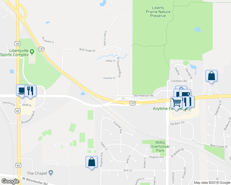 map of restaurants, bars, coffee shops, grocery stores, and more near 5720 North Countryside Drive in Libertyville