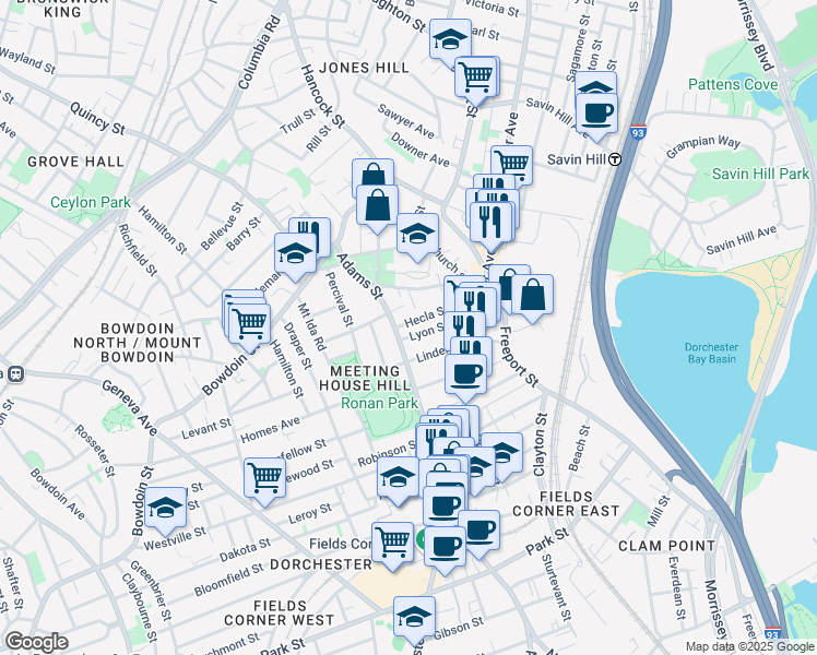 map of restaurants, bars, coffee shops, grocery stores, and more near 42 Lyon Street in Boston
