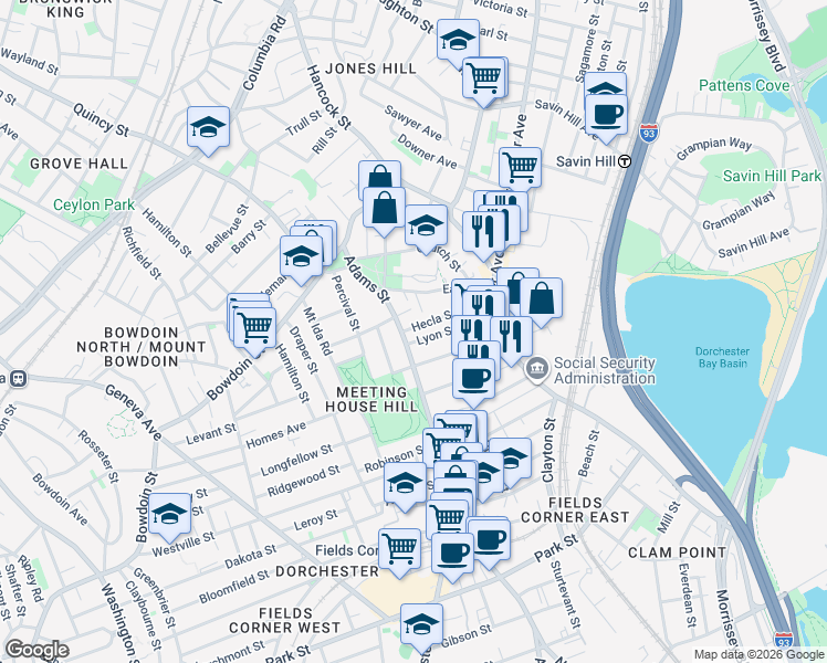 map of restaurants, bars, coffee shops, grocery stores, and more near 42 Lyon Street in Boston