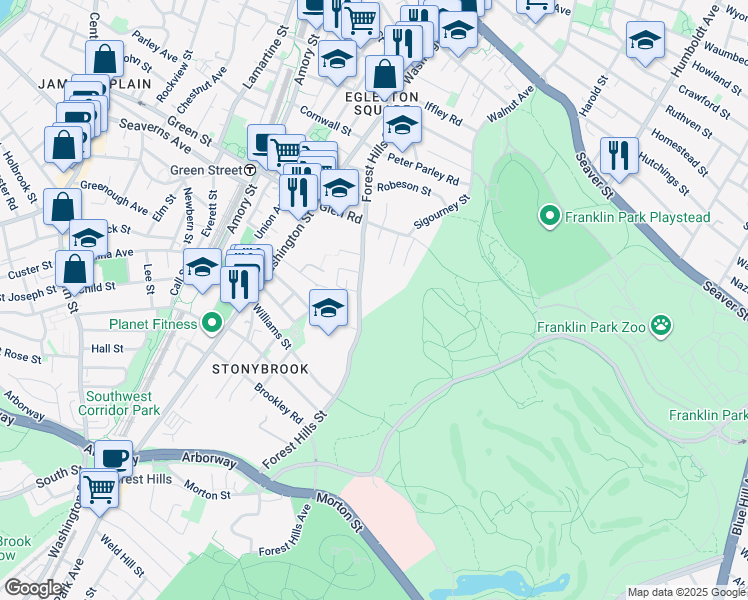 map of restaurants, bars, coffee shops, grocery stores, and more near 174 Forest Hills Street in Boston