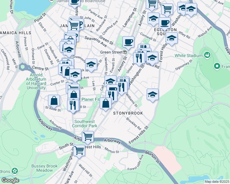 map of restaurants, bars, coffee shops, grocery stores, and more near 144 McBride Street in Boston