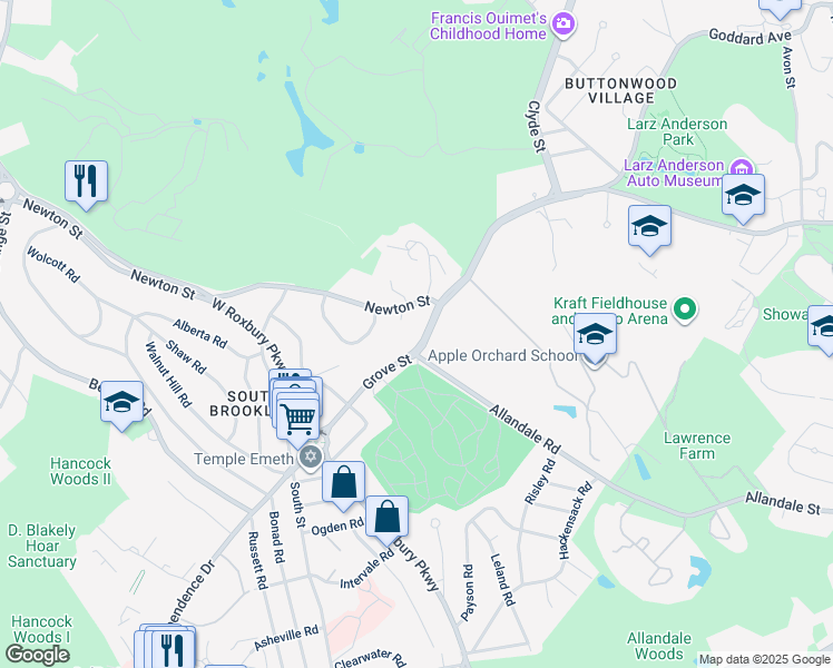 map of restaurants, bars, coffee shops, grocery stores, and more near in Brookline