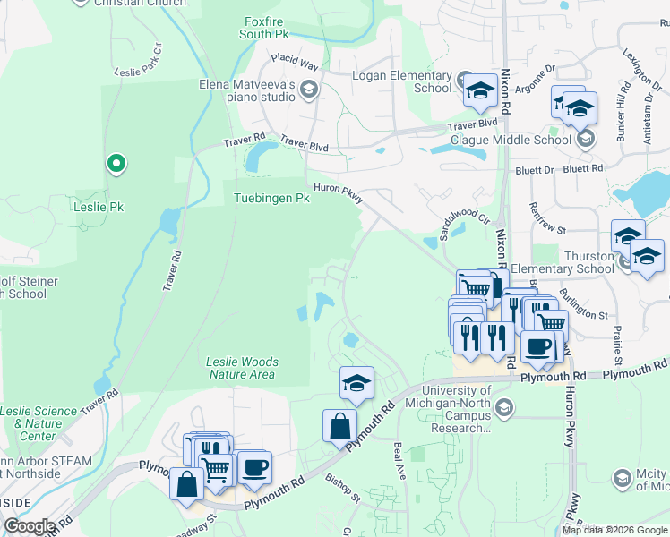 map of restaurants, bars, coffee shops, grocery stores, and more near 2300 Traverwood Dr in Ann Arbor