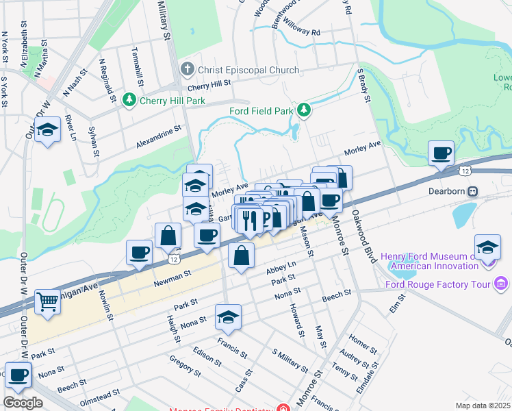 map of restaurants, bars, coffee shops, grocery stores, and more near 921 Howard Street in Dearborn