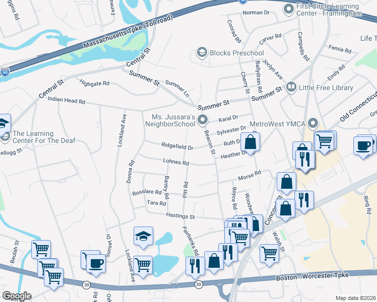 map of restaurants, bars, coffee shops, grocery stores, and more near 27 Lohnes Road in Framingham
