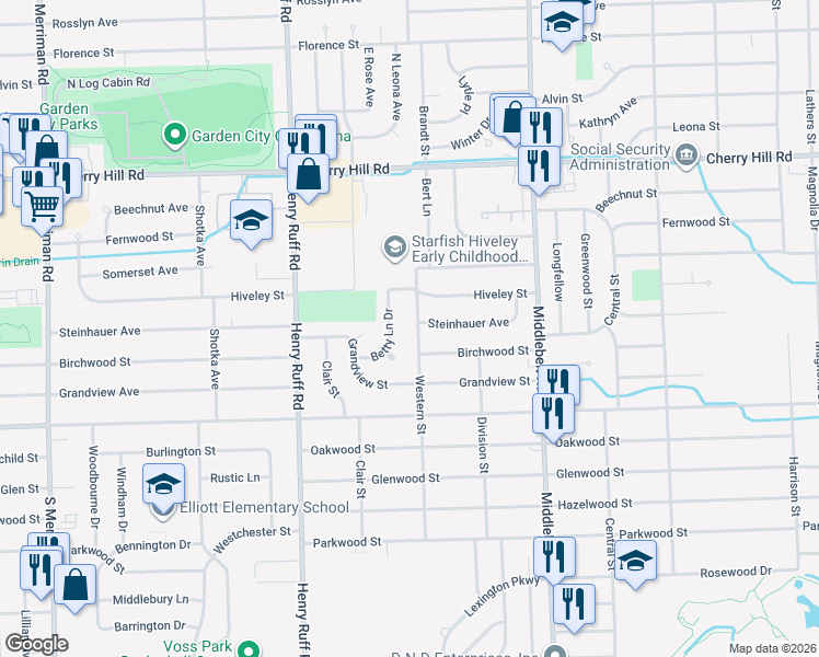 map of restaurants, bars, coffee shops, grocery stores, and more near 650 Western Street in Inkster
