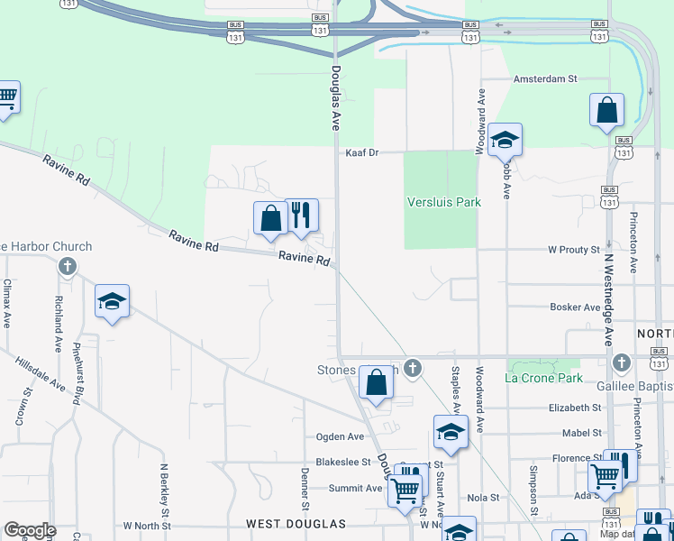 map of restaurants, bars, coffee shops, grocery stores, and more near 1437 Douglas Avenue in Kalamazoo