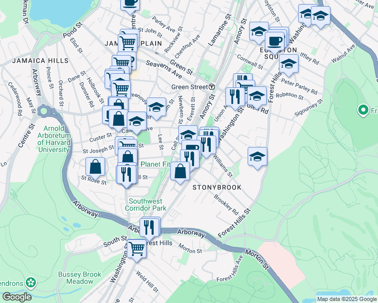 map of restaurants, bars, coffee shops, grocery stores, and more near 144 McBride Street in Boston