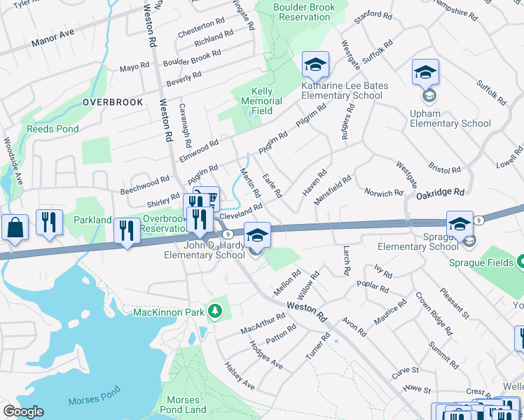 map of restaurants, bars, coffee shops, grocery stores, and more near 35 Cleveland Road in Wellesley