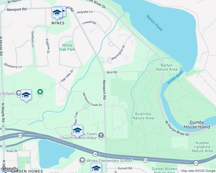 map of restaurants, bars, coffee shops, grocery stores, and more near 2318 Newport Road in Ann Arbor