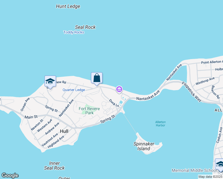 map of restaurants, bars, coffee shops, grocery stores, and more near 1131 Nantasket Avenue in Hull