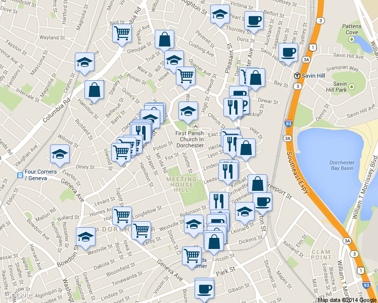 map of restaurants, bars, coffee shops, grocery stores, and more near 20 Juliette Street in Boston