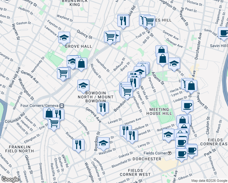 map of restaurants, bars, coffee shops, grocery stores, and more near 66 Richfield Street in Boston