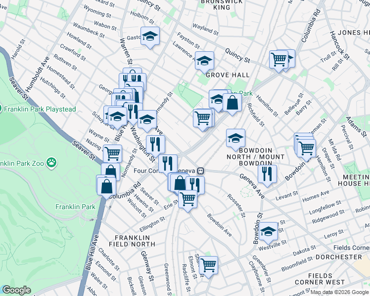 map of restaurants, bars, coffee shops, grocery stores, and more near 169 Columbia Road in Boston
