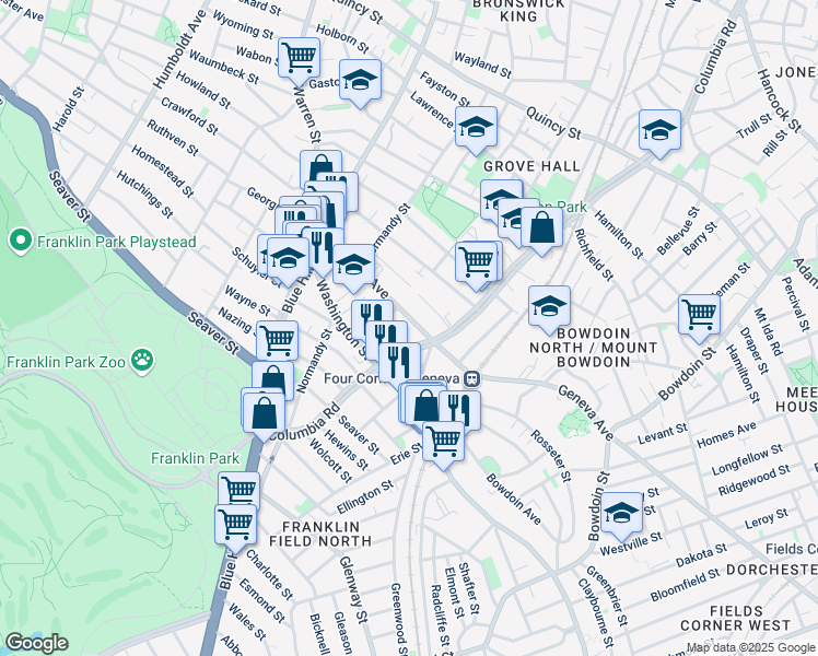 map of restaurants, bars, coffee shops, grocery stores, and more near 150 Columbia Road in Boston