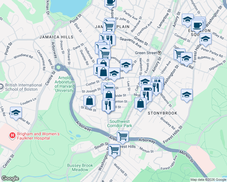 map of restaurants, bars, coffee shops, grocery stores, and more near 47 McBride Street in Boston