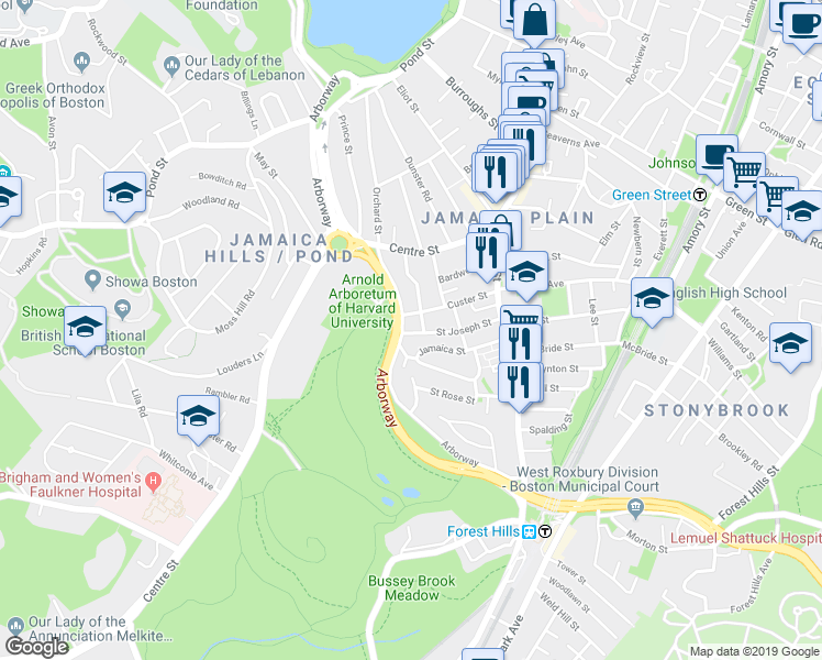 map of restaurants, bars, coffee shops, grocery stores, and more near 236 Arborway in Boston