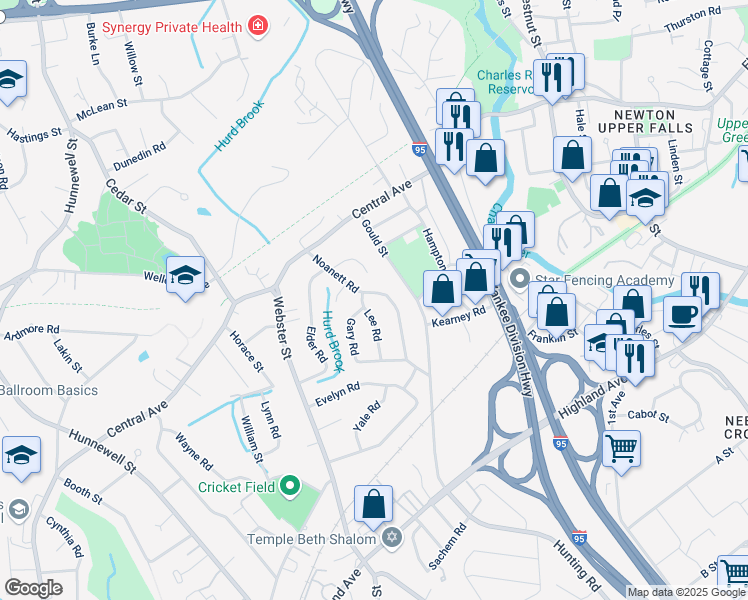 map of restaurants, bars, coffee shops, grocery stores, and more near 26 Lee Road in Needham