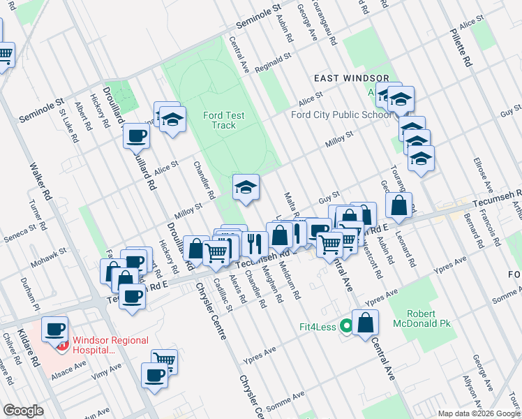 map of restaurants, bars, coffee shops, grocery stores, and more near 1882 Meldrum Road in Windsor