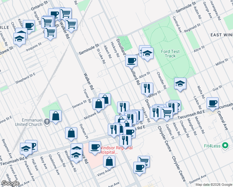 map of restaurants, bars, coffee shops, grocery stores, and more near in Windsor