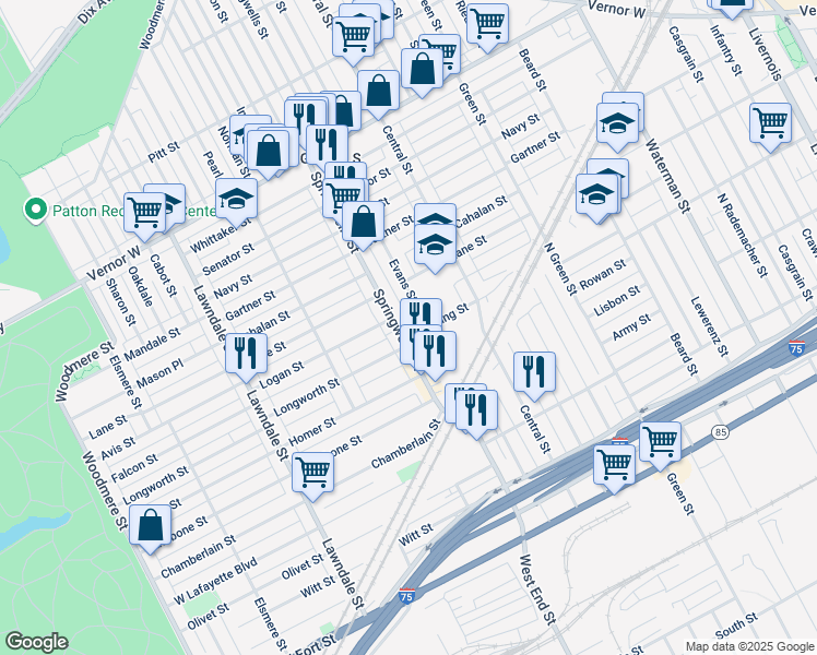 map of restaurants, bars, coffee shops, grocery stores, and more near 1446 Springwells Street in Detroit