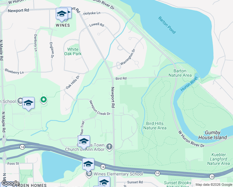 map of restaurants, bars, coffee shops, grocery stores, and more near 2318 Newport Road in Ann Arbor