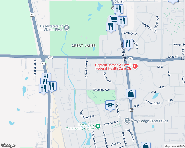 map of restaurants, bars, coffee shops, grocery stores, and more near 3701 Tennessee Ct in North Chicago
