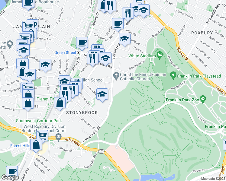 map of restaurants, bars, coffee shops, grocery stores, and more near 174 Forest Hills Street in Boston