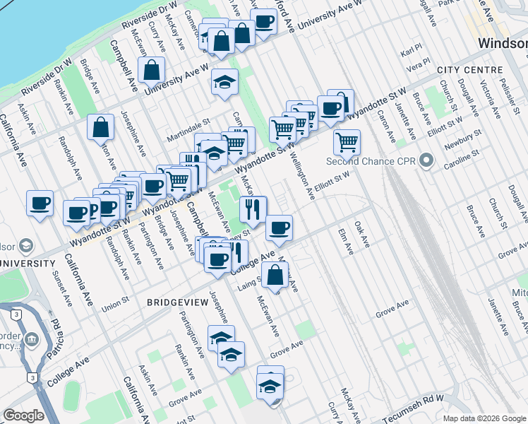 map of restaurants, bars, coffee shops, grocery stores, and more near 1432 Rooney Street in Windsor
