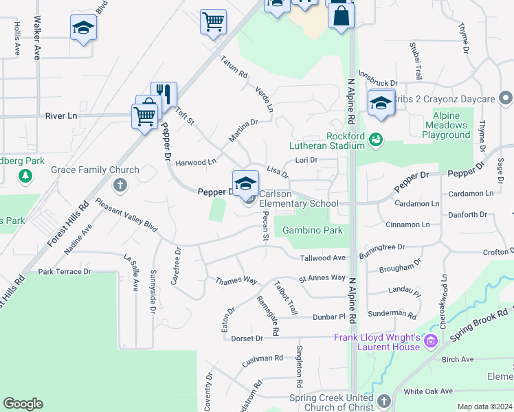map of restaurants, bars, coffee shops, grocery stores, and more near 4015 Pepper Drive in Rockford