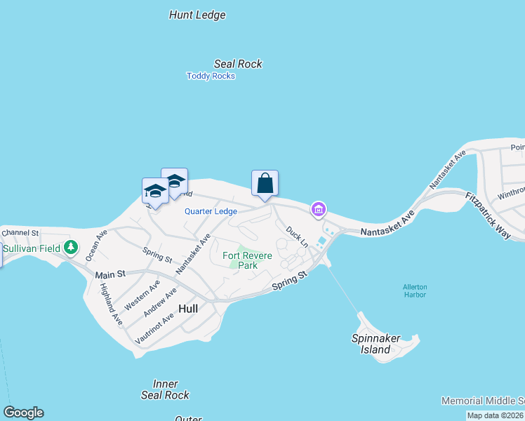 map of restaurants, bars, coffee shops, grocery stores, and more near 1155 Nantasket Avenue in Hull