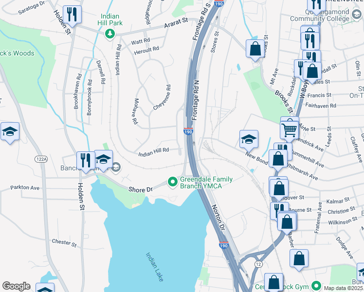 map of restaurants, bars, coffee shops, grocery stores, and more near 16 Indian Hill Road in Worcester