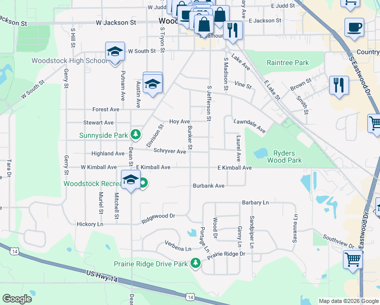 map of restaurants, bars, coffee shops, grocery stores, and more near 901 Bunker Street in Woodstock