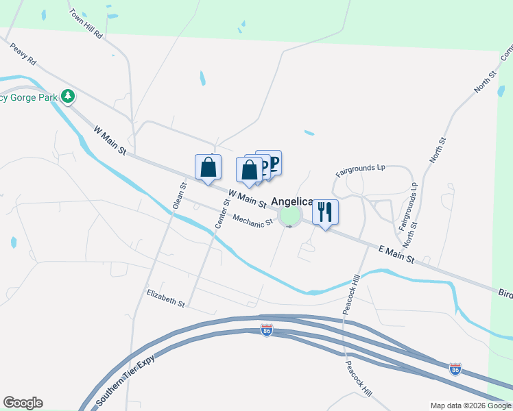 map of restaurants, bars, coffee shops, grocery stores, and more near 24 Mechanic Street in Angelica