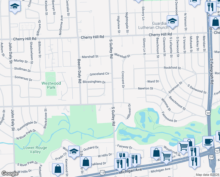 map of restaurants, bars, coffee shops, grocery stores, and more near 837 South Gulley Road in Dearborn