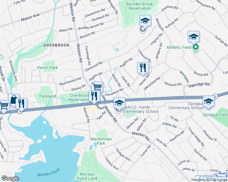 map of restaurants, bars, coffee shops, grocery stores, and more near 19 Cleveland Road in Wellesley