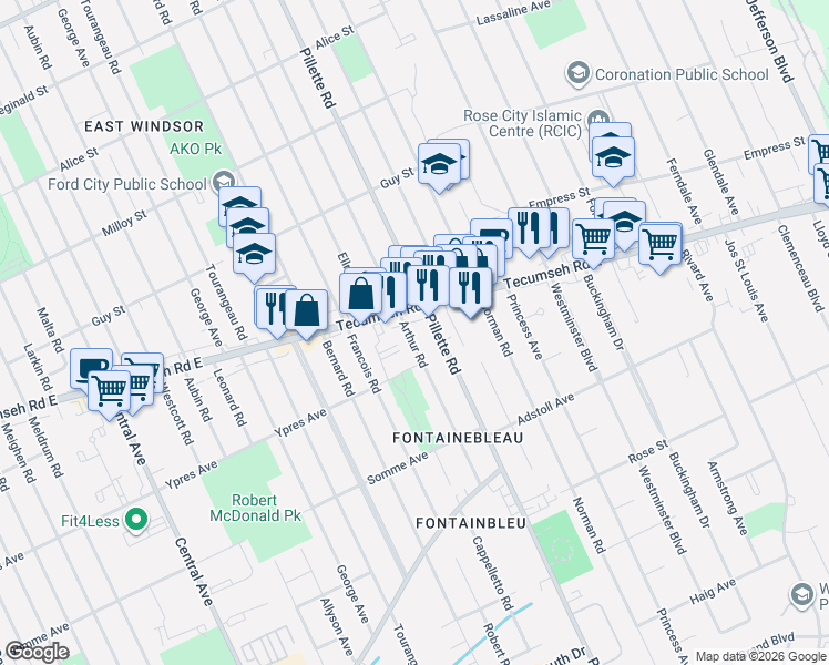 map of restaurants, bars, coffee shops, grocery stores, and more near 2390 Arthur Road in Windsor