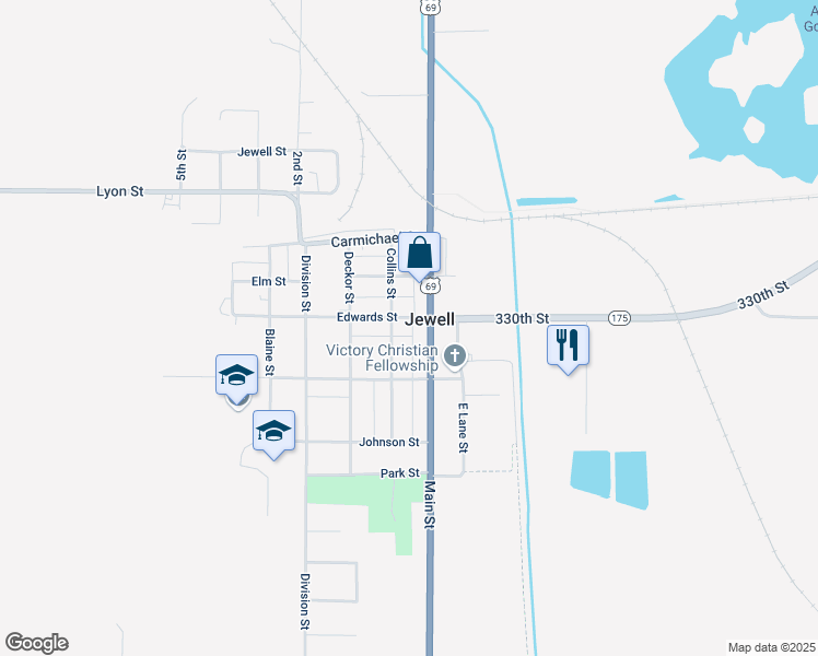 map of restaurants, bars, coffee shops, grocery stores, and more near 521 Main Street in Jewell