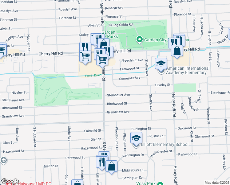 map of restaurants, bars, coffee shops, grocery stores, and more near 31095 Steinhauer Street in Westland