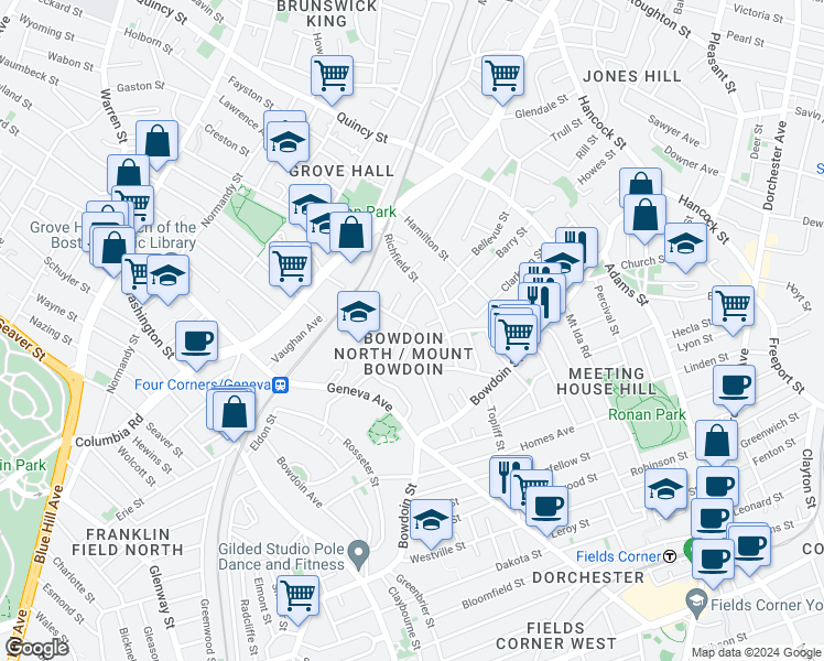 map of restaurants, bars, coffee shops, grocery stores, and more near in Boston
