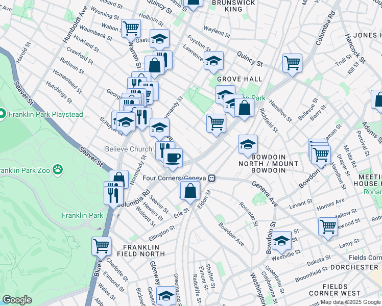 map of restaurants, bars, coffee shops, grocery stores, and more near 150 Columbia Road in Boston