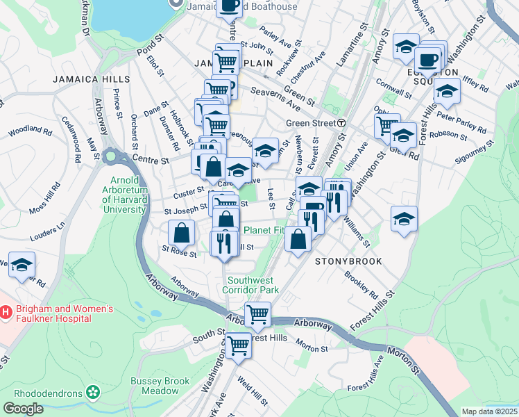 map of restaurants, bars, coffee shops, grocery stores, and more near 85 McBride Street in Boston