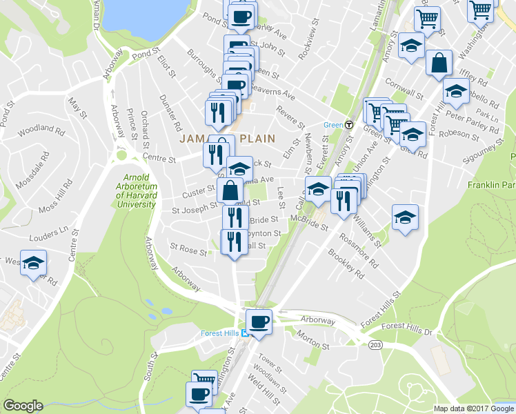 map of restaurants, bars, coffee shops, grocery stores, and more near 47 McBride Street in Boston