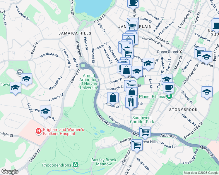 map of restaurants, bars, coffee shops, grocery stores, and more near 39 Jamaica Street in Boston