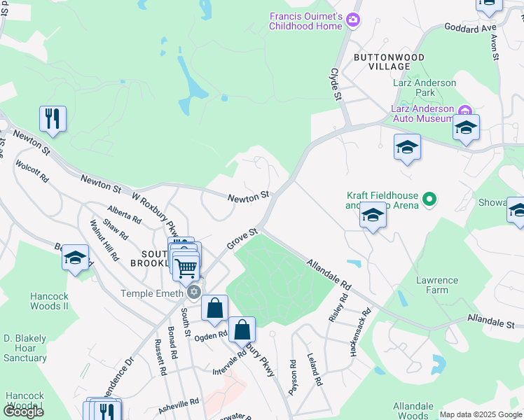 map of restaurants, bars, coffee shops, grocery stores, and more near in Brookline