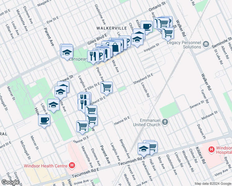 map of restaurants, bars, coffee shops, grocery stores, and more near in Windsor