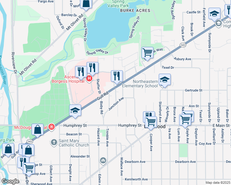 map of restaurants, bars, coffee shops, grocery stores, and more near 1504 Trimble Avenue in Kalamazoo
