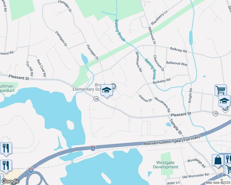map of restaurants, bars, coffee shops, grocery stores, and more near 575 Pleasant Street in Framingham